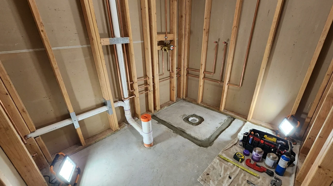 Bathroom rough-in plumbing during remodel by Johns Plumbing LLC in Rio Hondo