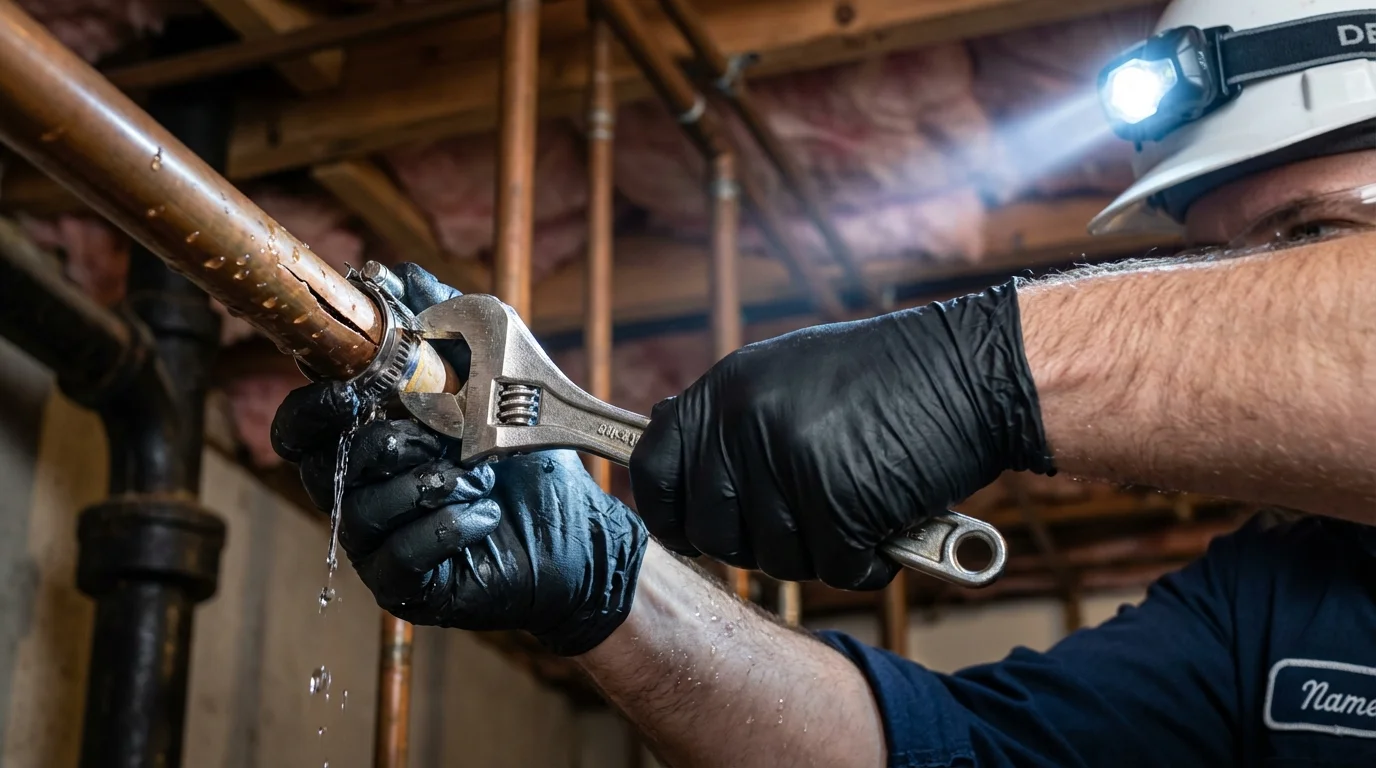 Emergency pipe clamp repair being performed by a Johns Plumbing LLC plumber in Rio Hondo
