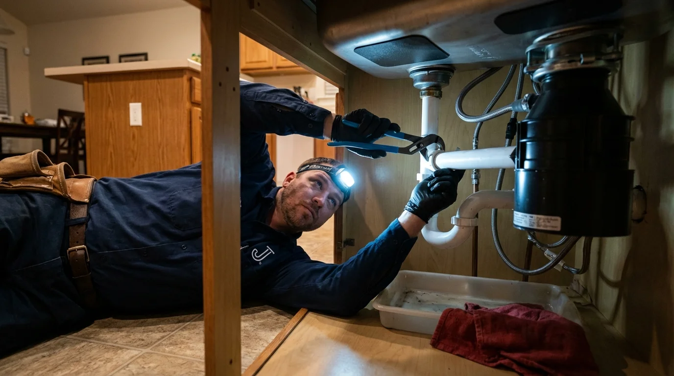 P-trap and supply line connections under a kitchen sink showing a common leak point in Rio Hondo, TX